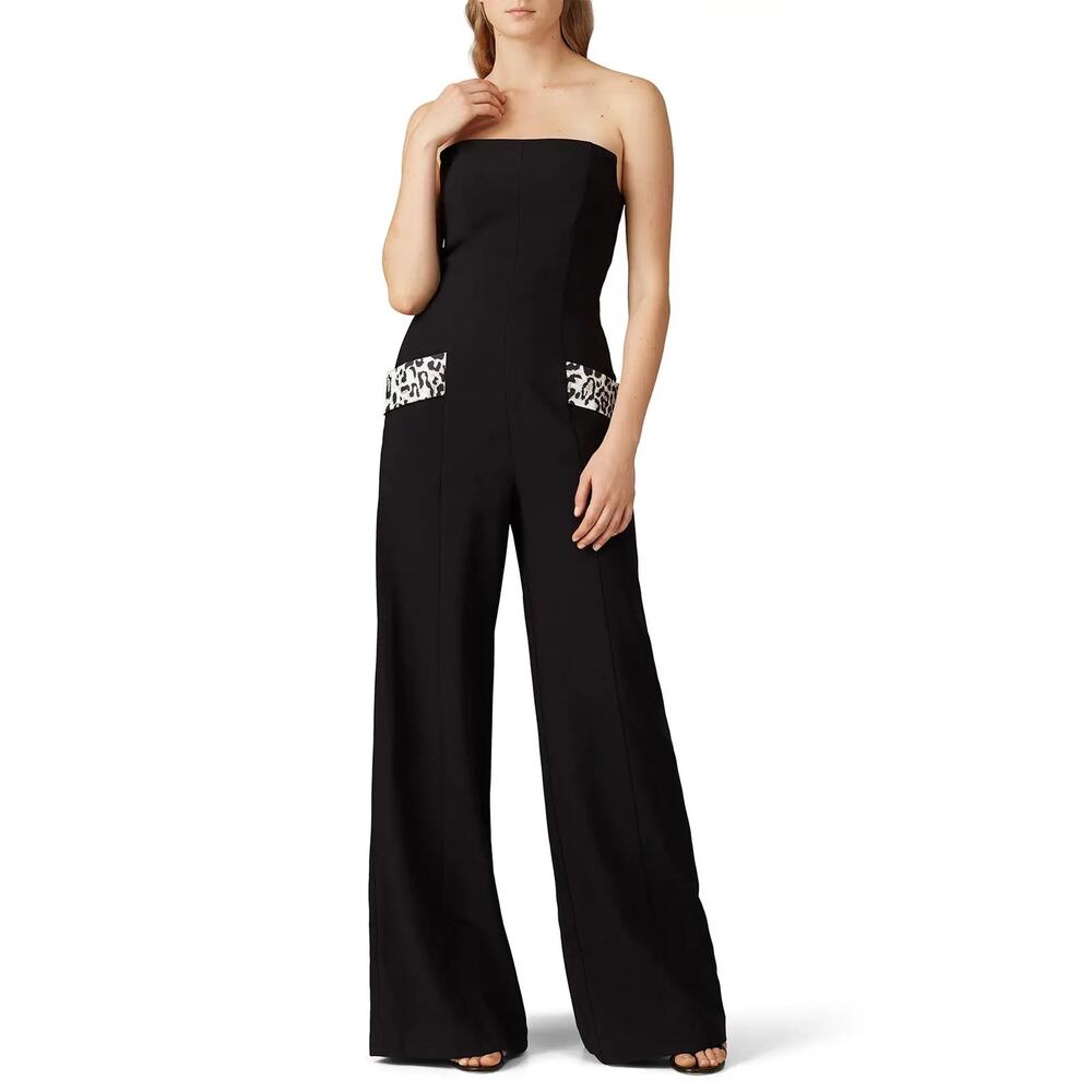 Black Halo Sz 8 Black Carmine Wide Leg Leopard Pocket Strapless Party Jumpsuit